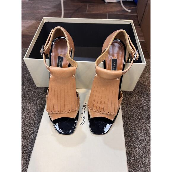 PAUL SMITH Womens Shoes Leather Tan & Black Patent Kilte Flap us 39.5 Heels 8.5 - Picture 13 of 14